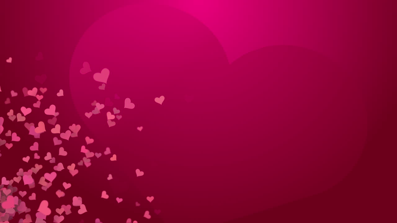 Burgundy animated background with flying hearts symbols of love. Concept for valentines day, wedding.
