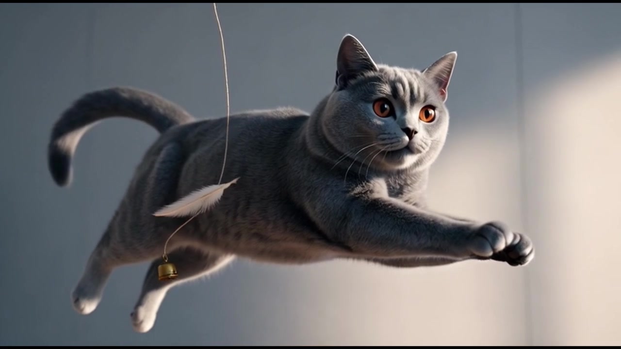 Kucing British Shorthair Melompat Menangkap Mainan Bulu