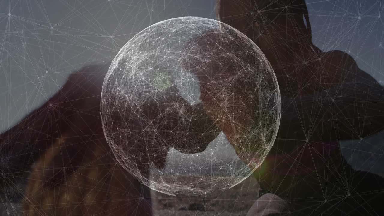 Woman interacting outdoors, supporting holographic sphere, with network mesh in technology concept