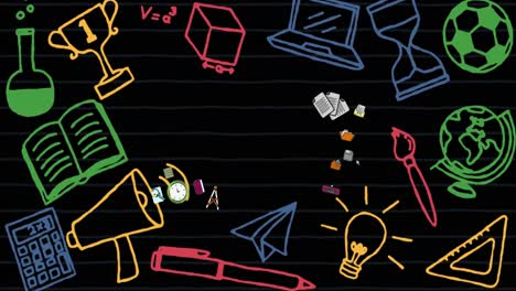 animación de coloridos iconos de artículos escolares sobre un fondo negro