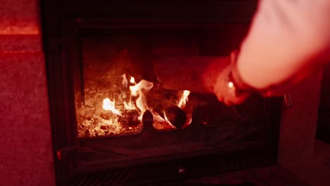 slowmotion dolley view of tree trunk being moved on a fire in an open hearth