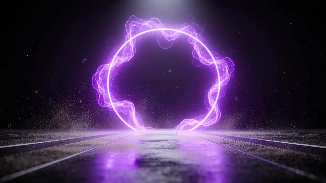 Anello viola luminoso che forma volute di plasma su un pavimento bagnato di studio, con nebbia, creando una scena drammatica.