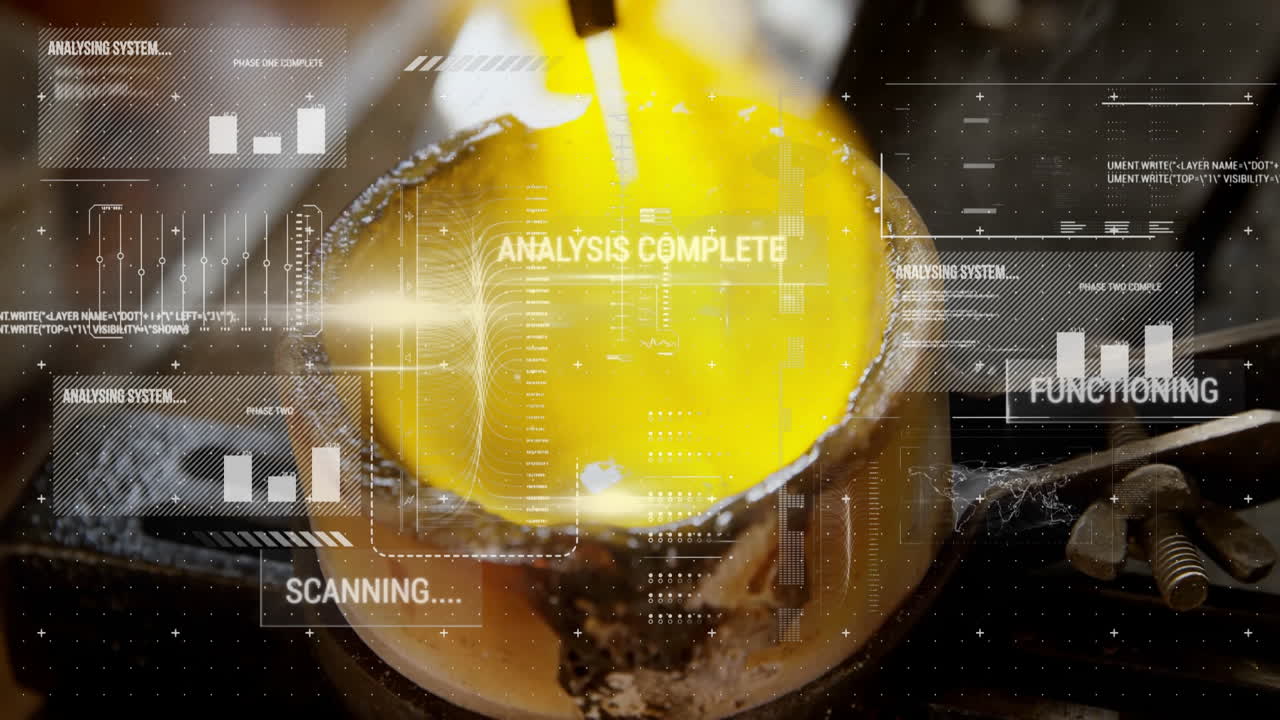 Yellow liquid in glass with digital analysis and scanning text overlay animation