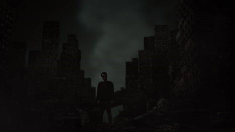 full body of distressed asian refugee male standing in the midst of a ruined city after a war. looking at camera and shaking his head being sad due to the war. the concept of refusal