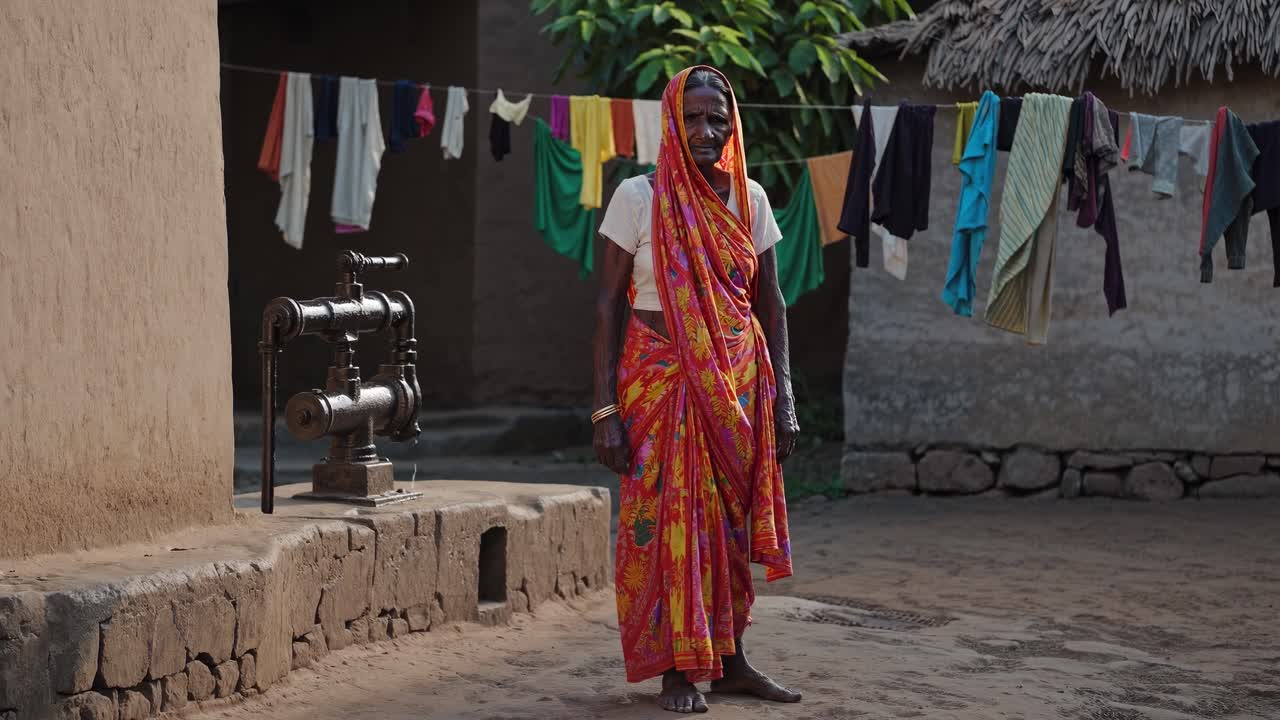 Woman in vibrant traditional attire stands near a water pump, surrounded by colorful clothes hanging on a line, capturing a moment of daily life in a rural setting