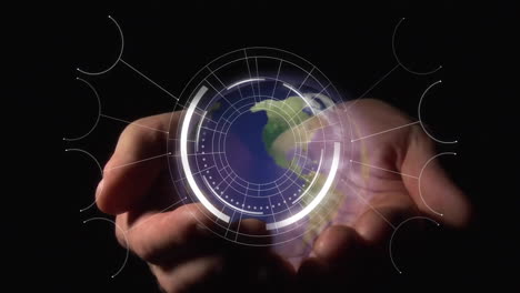 holding digital earth hologram, hands interacting with futuristic animation elements