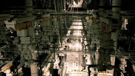 industrial machinery setup in a dark manufacturing facility at night