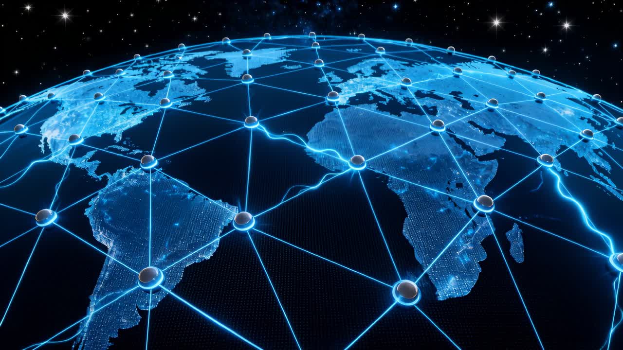 Digital globe sending pulses from South America hub toward Africa, showing technology network flow