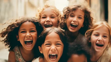 six multi ethnic children are laughing out loud, expressing pure joy and happiness, creating a heartwarming scene of childhood innocence and togetherness
