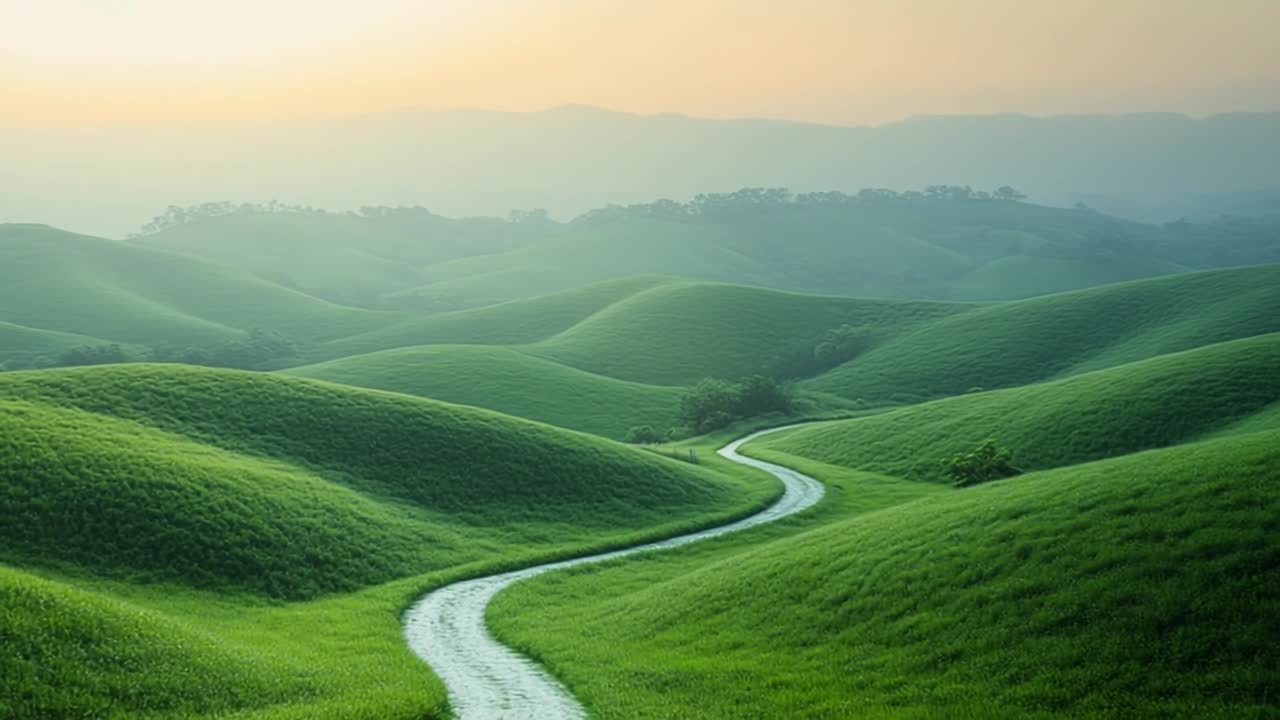 Rolling green hills at sunset. Winding path meanders through lush green hills under a soft sunset glow, creating a tranquil landscape view.