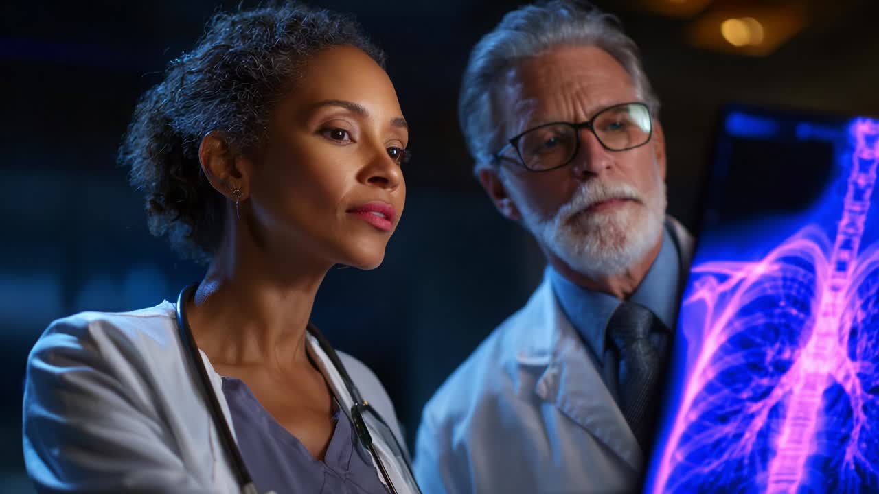 Doctors Analyzing Advanced Medical Imaging Technology while Discussing Patient Diagnosis and Treatment Plans in a High-Tech Medical Environment with Stunning Visuals of Lungs and Anatomy Details