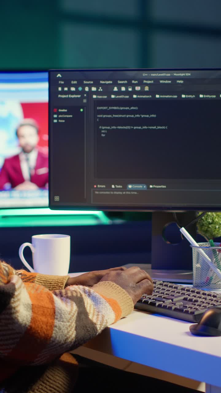 Vertical Video Black web developer handling database servers for safety with green screen