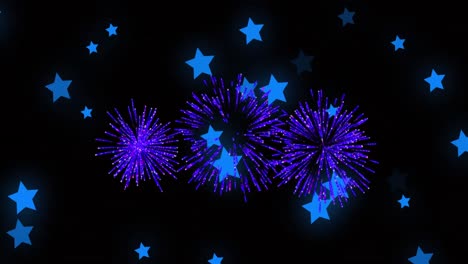 Animation-of-blue-stars-with-christmas-and-new-year-fireworks-on-black-background