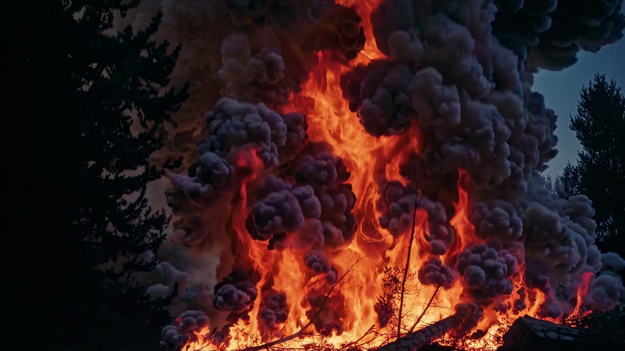 Dramatic low-angle video still of a massive fire with thick, dark smoke billowing against a dark