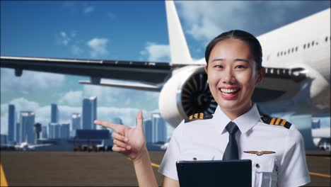 close up of asian woman pilot using a tablet and pointing to side while standing in airfield with airplane on background