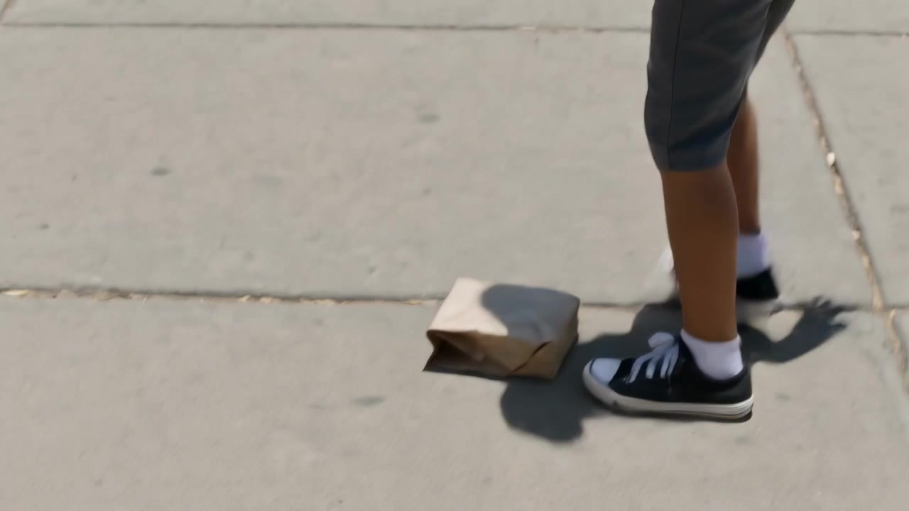 Un ragazzo con una maglietta a righe vede i compagni correre, lascia cadere un sacchetto di carta e li insegue attraverso il cortile della scuola.