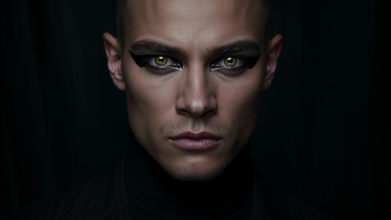 Recording model holding stare in studio turtleneck winged liner yellowgreen eyes creating portrait