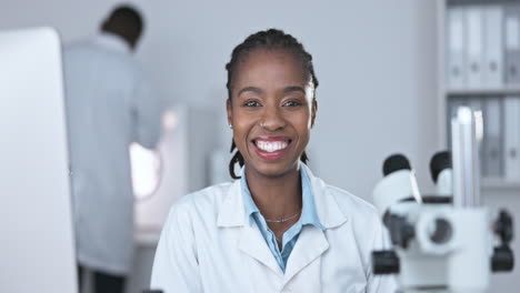 Black-woman,-scientist-and-face-with-smile