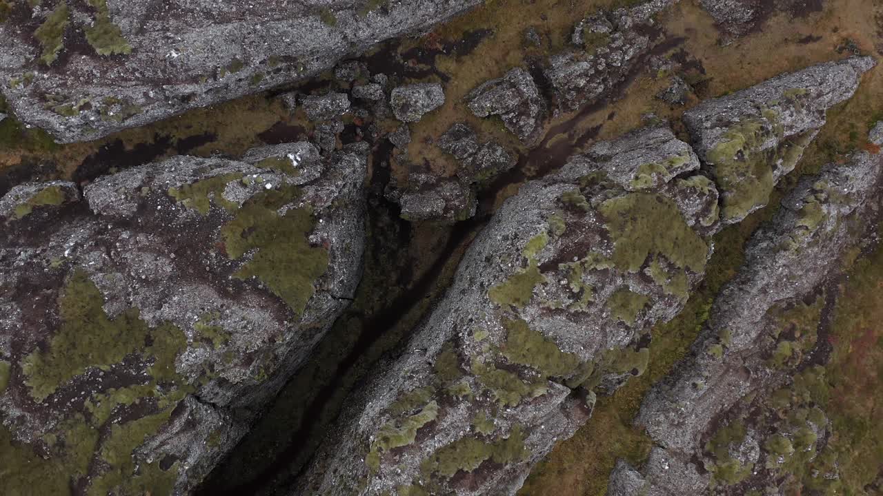 Directly above crack in surface of volcanic landscape in Iceland, aerial