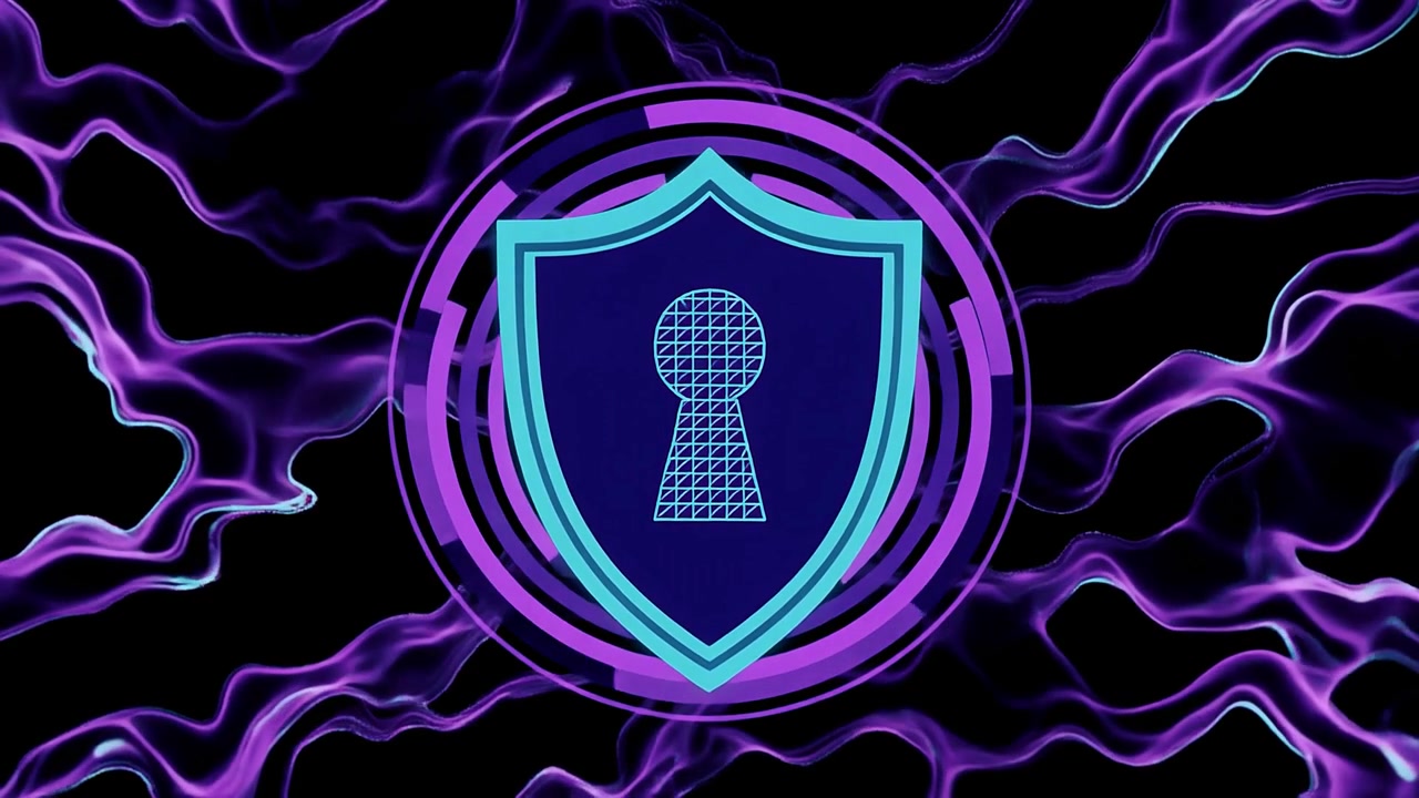 Cybersecurity Shield with Keyhole Symbol and Abstract Purple Energy