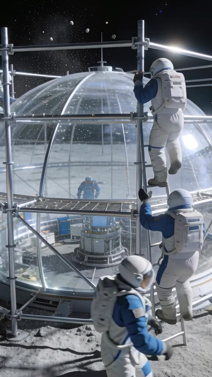 Video verticale: Astronauta in tuta bianca che si arrampica, afferrando una scala dopo un ordine, vicino a una cupola trasparente.