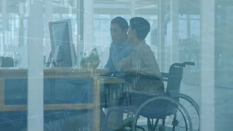 animation of graphs, diverse woman sitting on wheelchair discussing reports with coworker in office