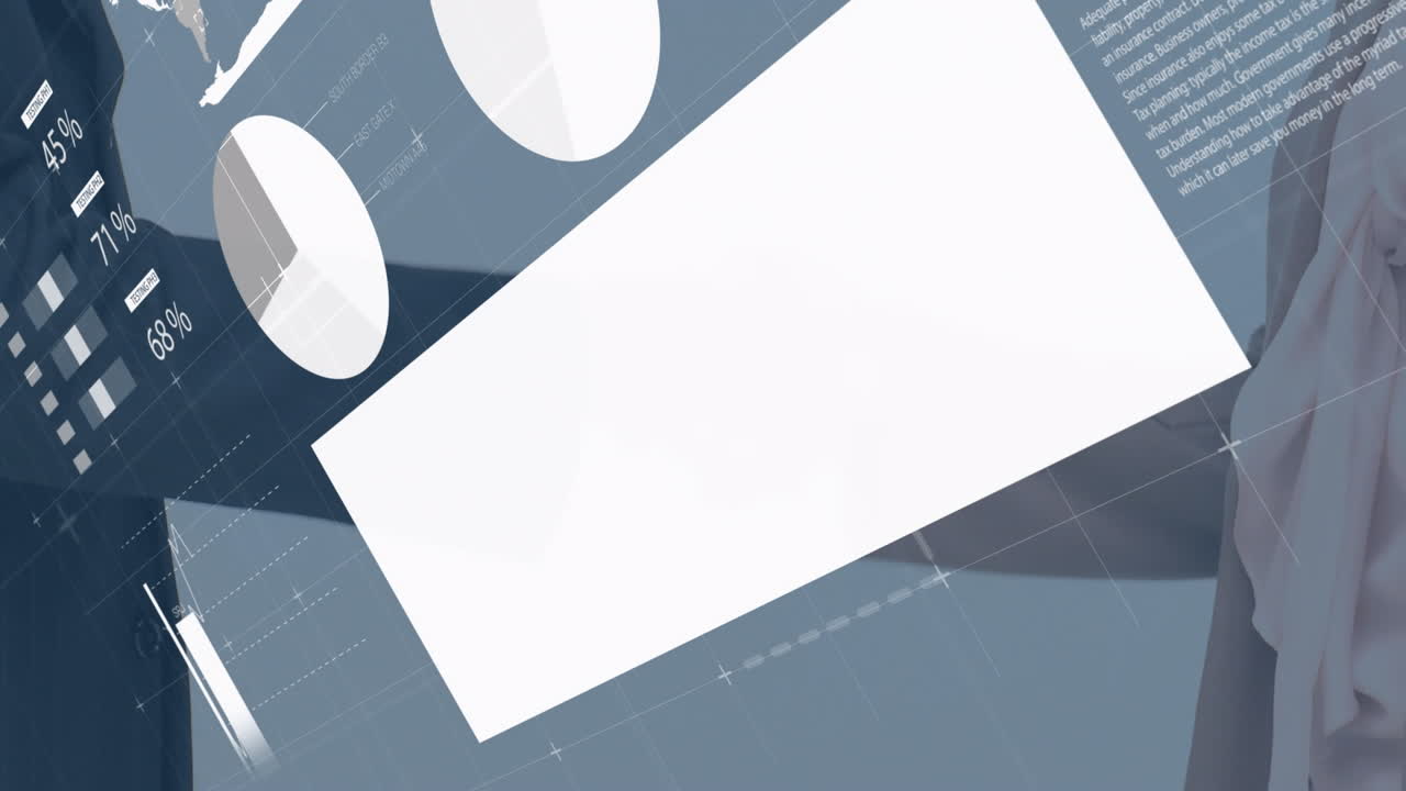 Animation d'une interface infographique blanche superposée à des entrepreneurs caucasiens se serrant la main.