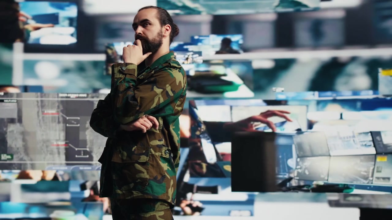 Army officer monitors digital intelligence from a mission command center