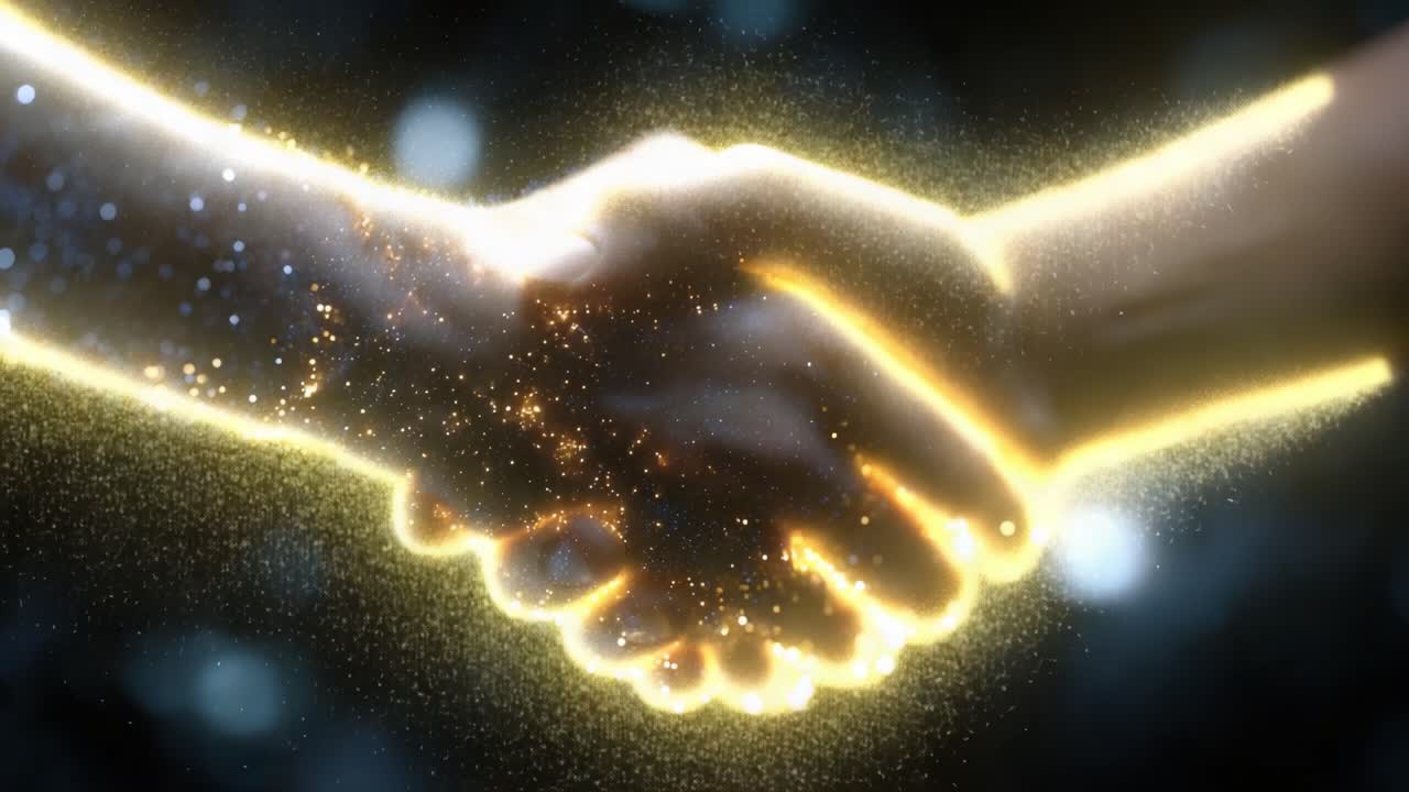 A mesmerizing handshake brings together the ethereal and the tangible, showcasing connections that transcend reality with a dazzling display of light and energy