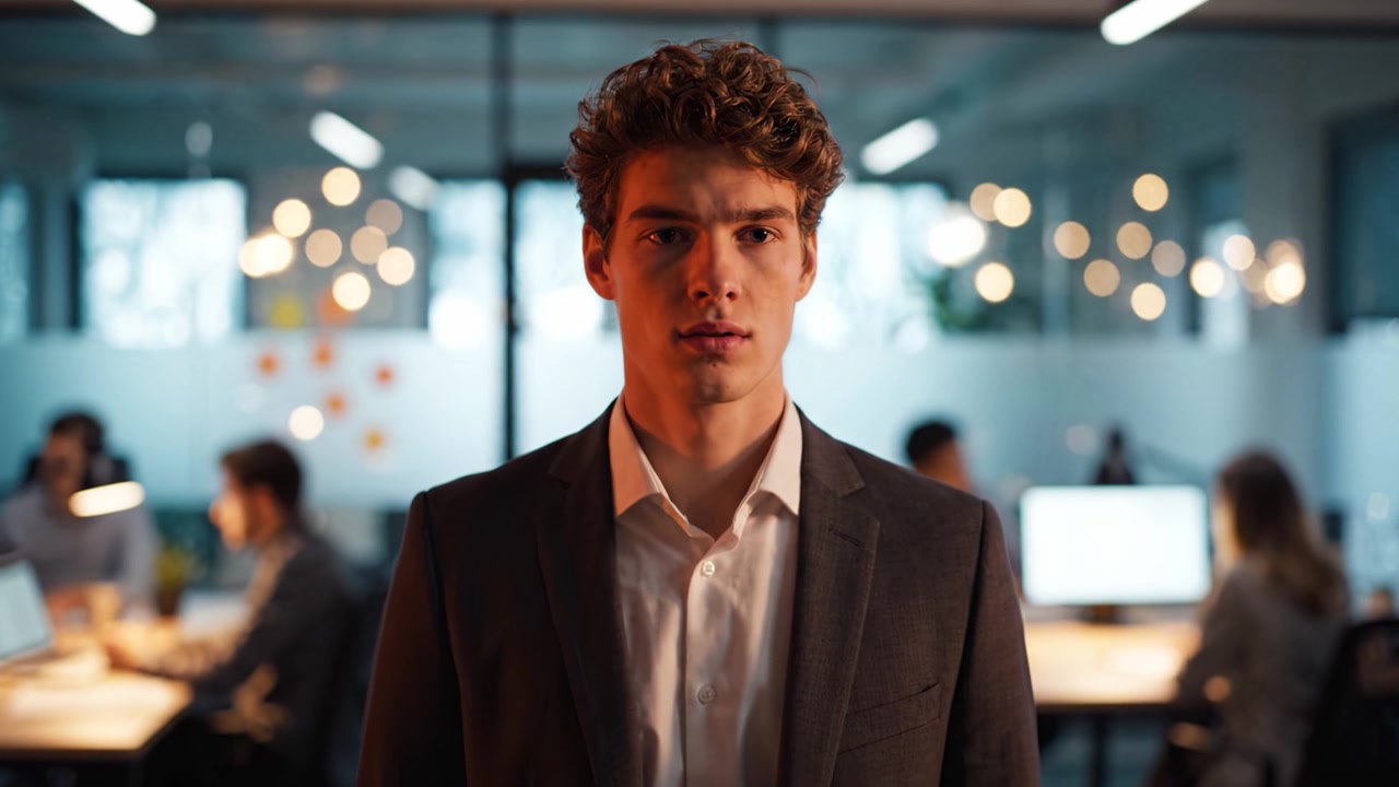 Confident Young Professional Stands in Modern Office with Soft Lighting, Observing Colleagues Working, Representing Ambition and Success in the Workplace Environment