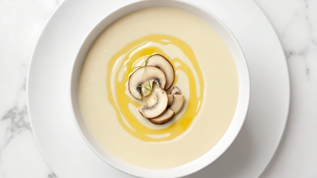 Creamy soup served in a white bowl, garnished with sliced mushrooms and a drizzle of olive oil, placed on a smooth marble surface, showcasing a minimalist and elegant presentation