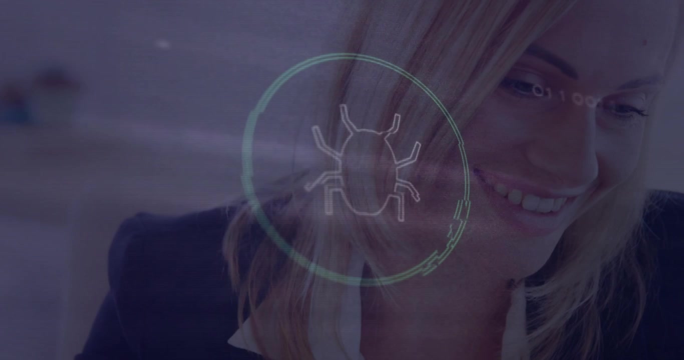 Businesswoman watching overlay appearing, centering lens with bug icon viewing office security scan