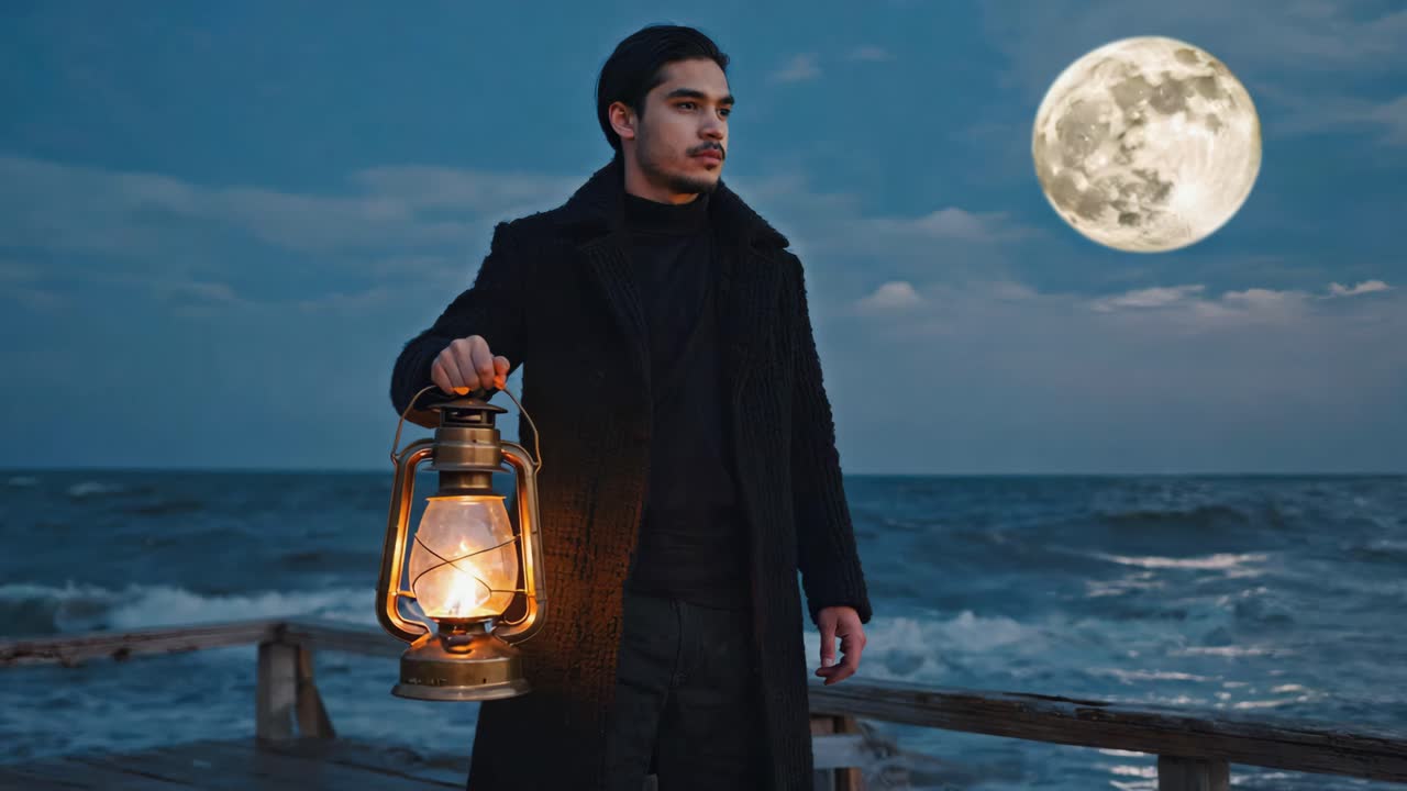 Uomo con lanterna al chiaro di luna in riva al mare