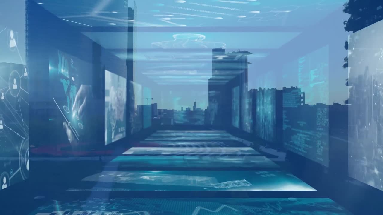 도시 풍경 위의 화면에서 데이터 처리의 애니메이션