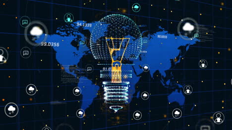 Animation-of-digital-lightbulb-and-media-icons-over-world-map-and-data-processing