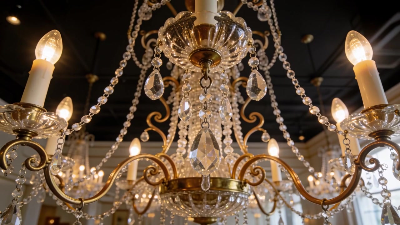 Pulling back on frame shift, camera showing crystal chandelier in dining room, revealing brass arms