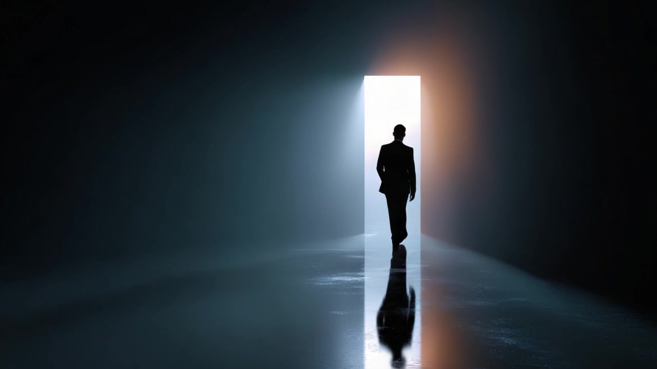 A solitary figure walks confidently through an open doorway, symbolizing transition, new beginnings, and the journey into the unknown with determination and resilience.