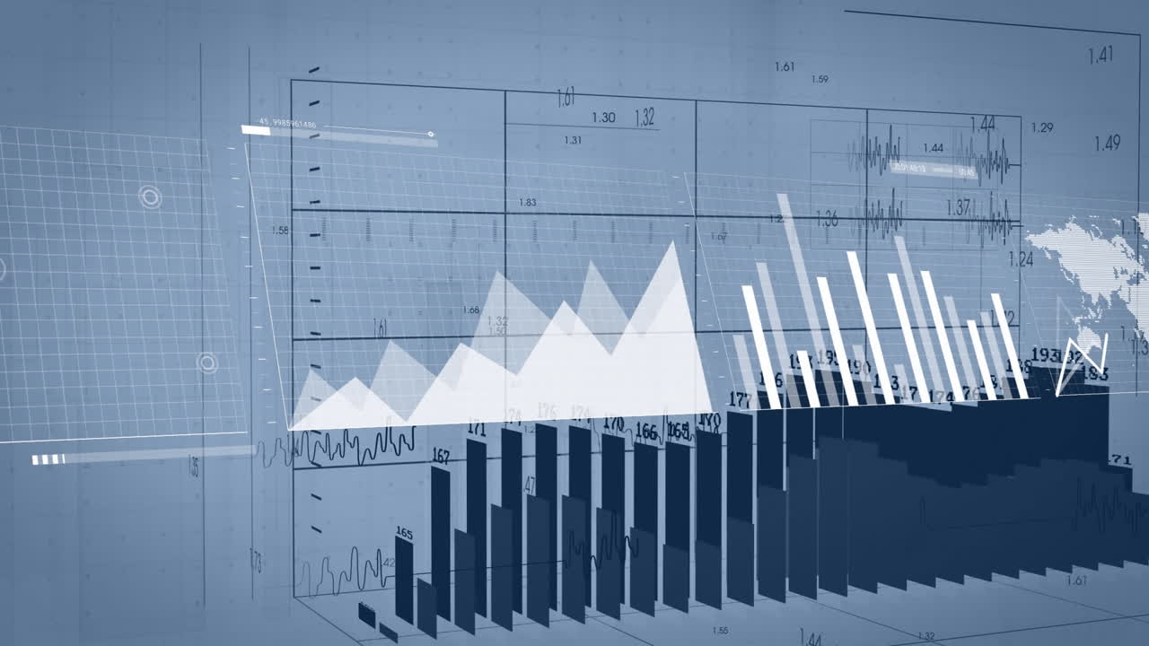 Animation of bar and line graphs over world map background for data visualization