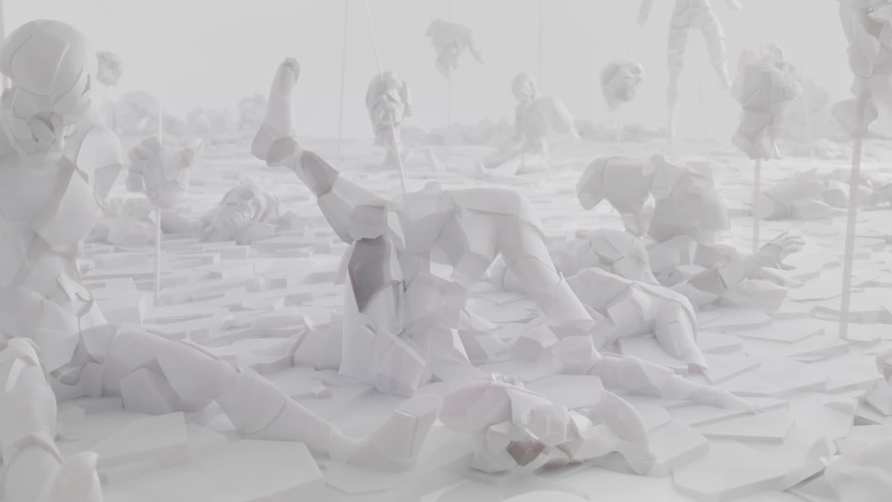 Broken android shells on a foggy junkyard