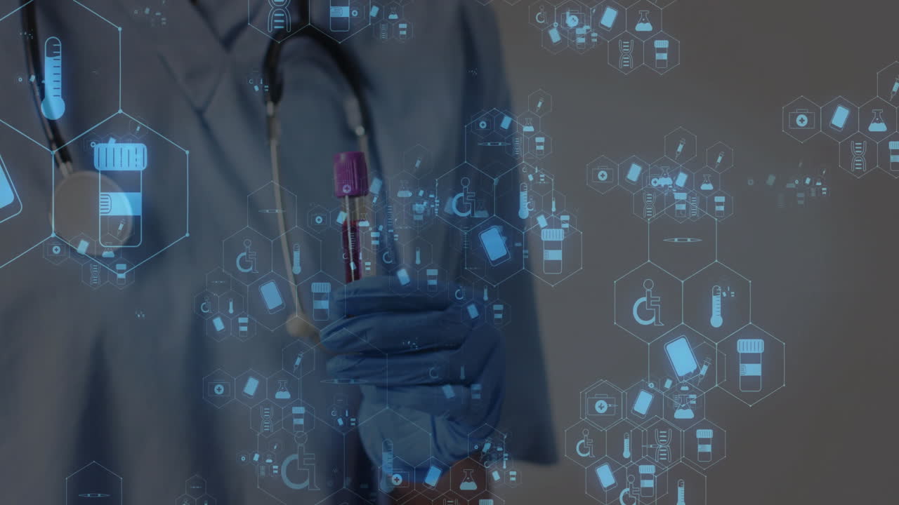 Animation of medical icons over caucasian female doctor holding vial