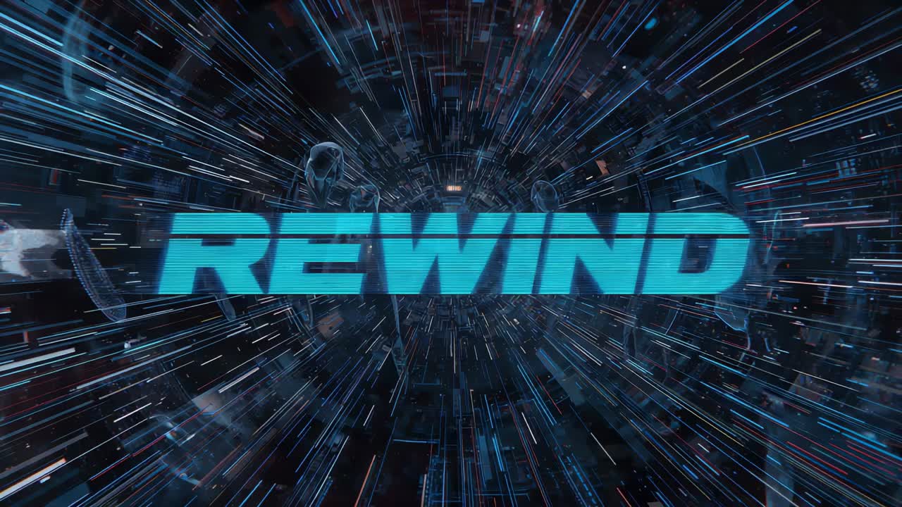 Holding bold cyan REWIND center in sci-fi tunnel while streaks surging to stay prominent, holograms