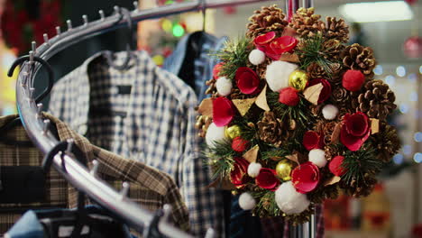 dolly out shot of festive christmas wreath decorated with pine cones hanging from clothes rack in empty shopping mall store, ready to bring holiday cheer during winter holiday season, close up