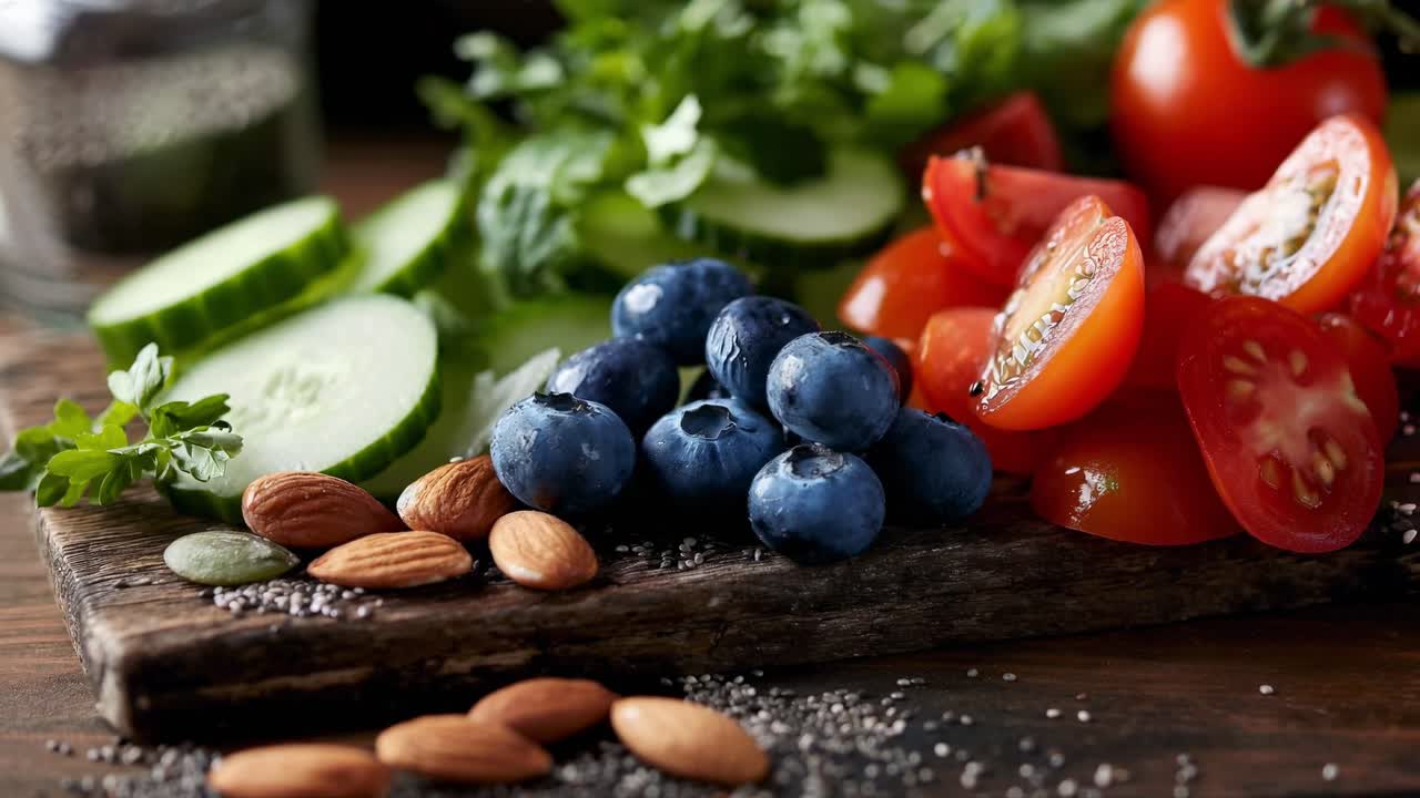 Fresh, vibrant ingredients like blueberries, tomatoes, cucumber slices, almonds, and chia seeds creating a colorful, nutritious spread on a rustic wooden cutting board