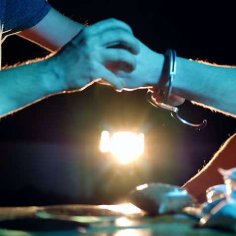 police arrest drug trafficker with handcuffs. law and police concept. criminal business.