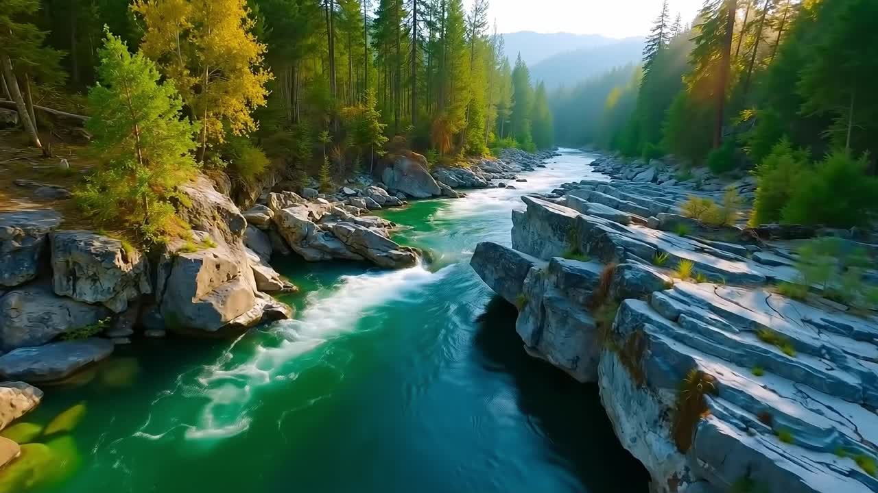 A river running through a forest filled with trees and rocks