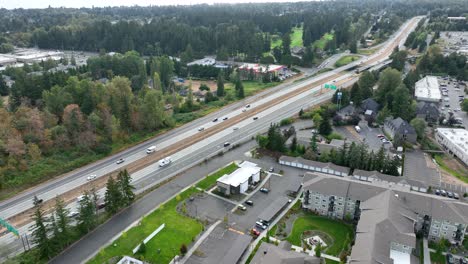 Aerial-view-of-Interstate-5-passing-through-Bellingham,-Washington