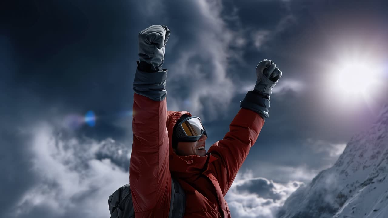 Mountaineer celebrates summit victory with triumphant arms raised. Snow-capped peaks glow beneath a bright sun piercing clouds. Red jacket contrasts stark white landscape. Scene radiates triumph