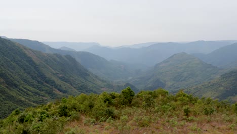 valle de montaña cubierto de bosques verdes y nieblas por la mañana desde un ángulo plano