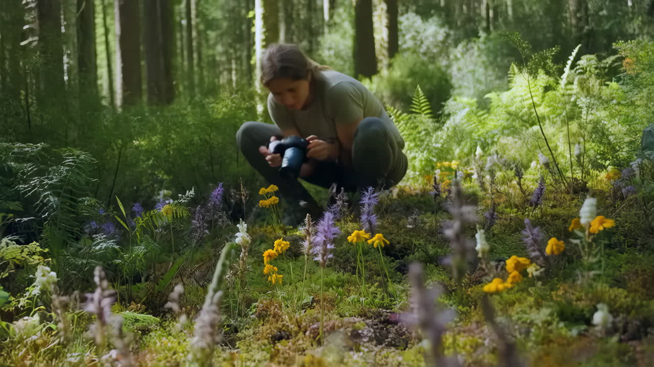 Woman photographing wildflowers in a lush forest