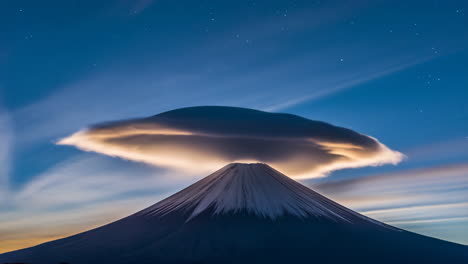 mount fuji with lenticular cloud at night